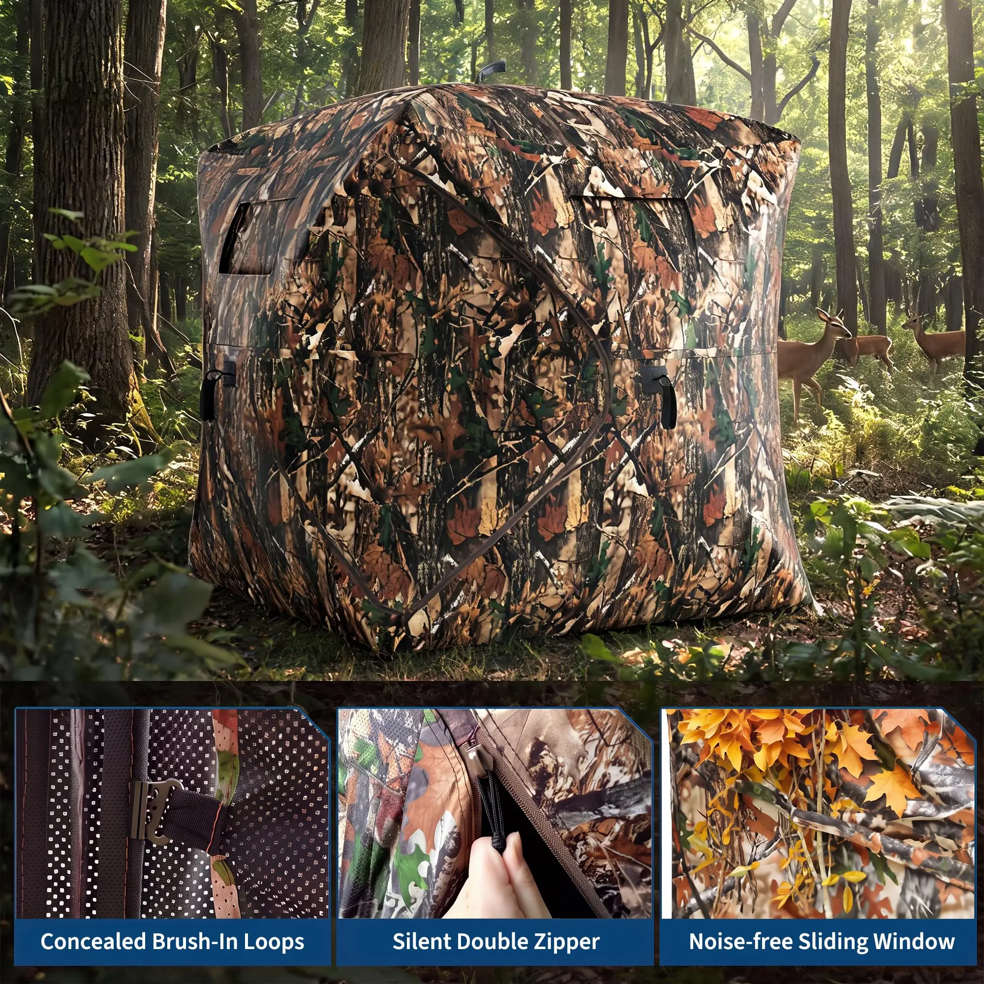360° See-Through Tracking Blind, Pop-Up Camo Ground Blind with Silent Windows, Brush Loops & Carry Bag, Spacious 2-3 Person Water-Resistant Deer Tracking Tent - Thumbnail 5