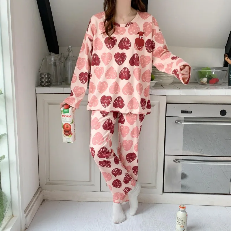 2024 New Pajamas Women's Spring Autumn Sweet Cute Long-Sleeved Home Wear Casual Suit Round Collar Loose Female Sleepwear Set