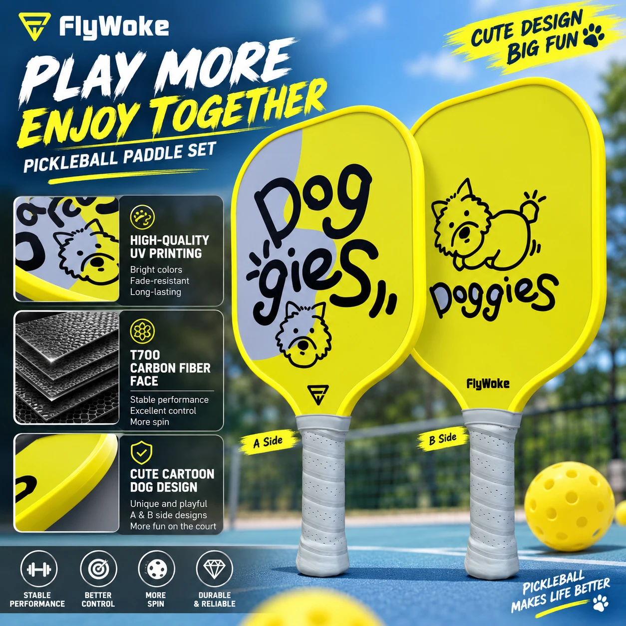 FlyWoke T700 Carbon Fiber Pickleball paddle Racket Gift Set Enhanced Durability UV Printing Color Clarity PP Honeycomb Core