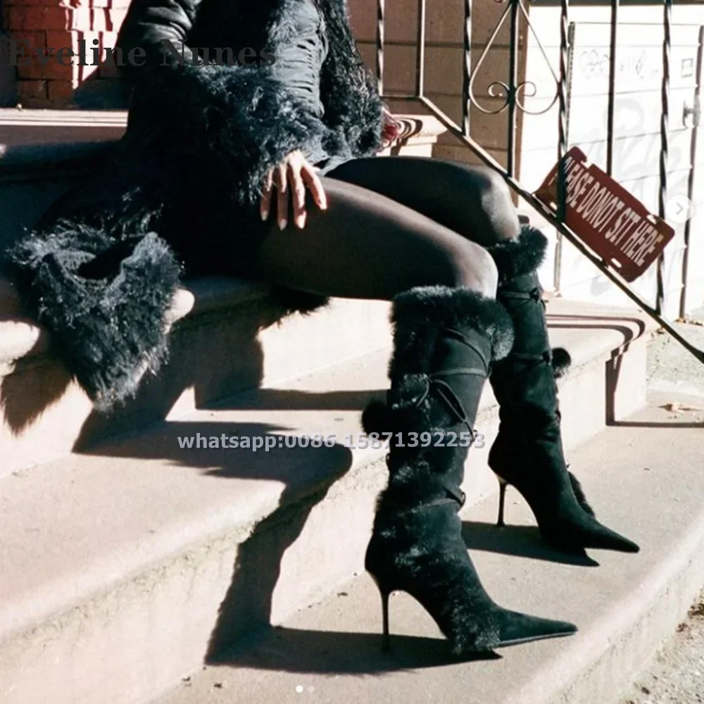 Botas modernas sexis negras con decoración de bolas de piel, botas de piel sintética de aguja hasta la rodilla con encaje envolvente, zapatos de lujo Retro picantes para chica