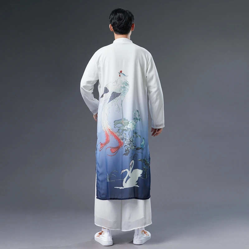 

Men's Ancient Costume Chinese Martial Arts Practice Wudang Taiji Kung Fu Performance Costume Hanfu Tang Suit Long Shirt Suit