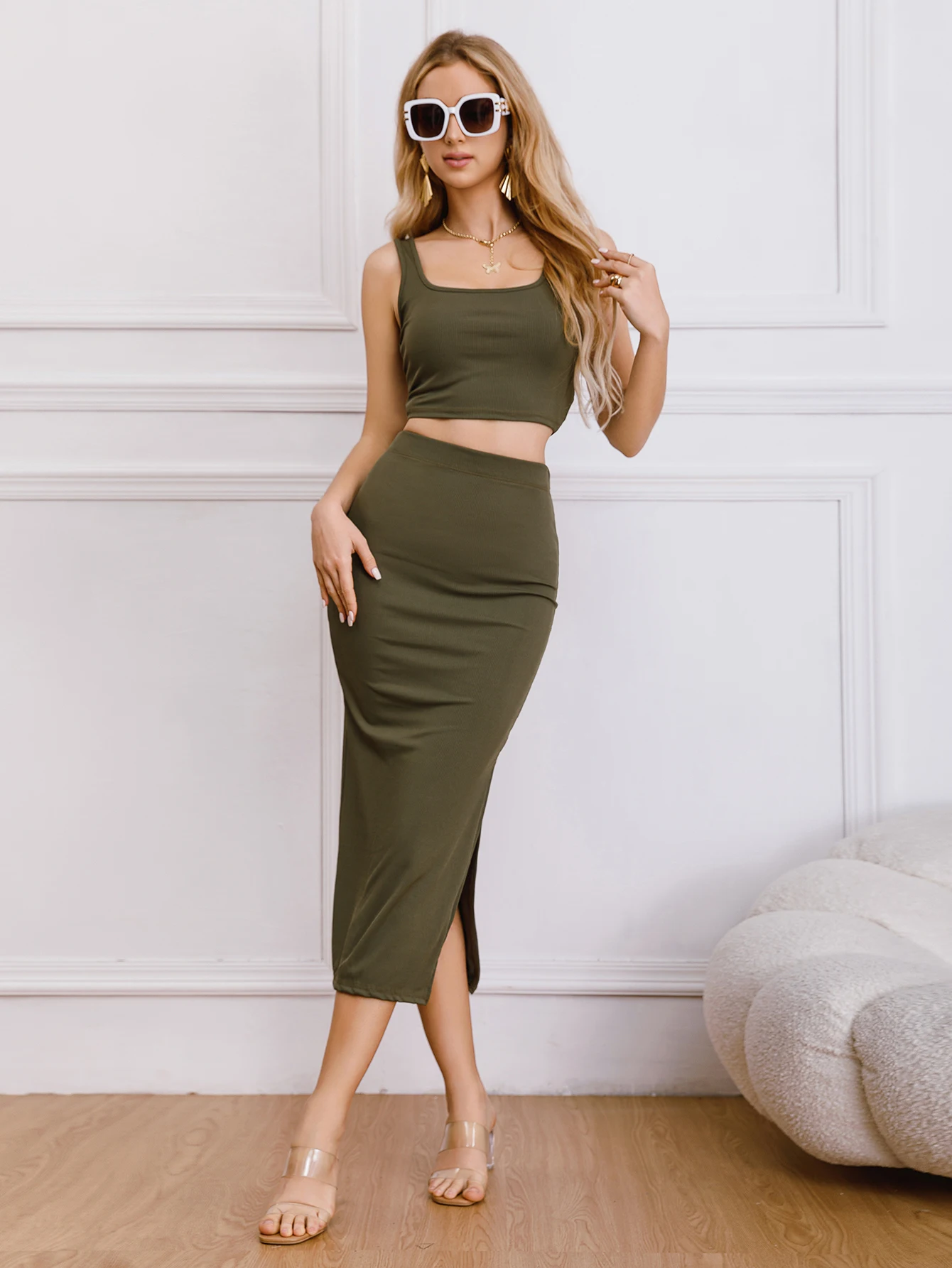 Summer Knitted Women\'s Two Piece Suits Sexy Party Tank Tops+High Waist Tight Split Skirts Sets