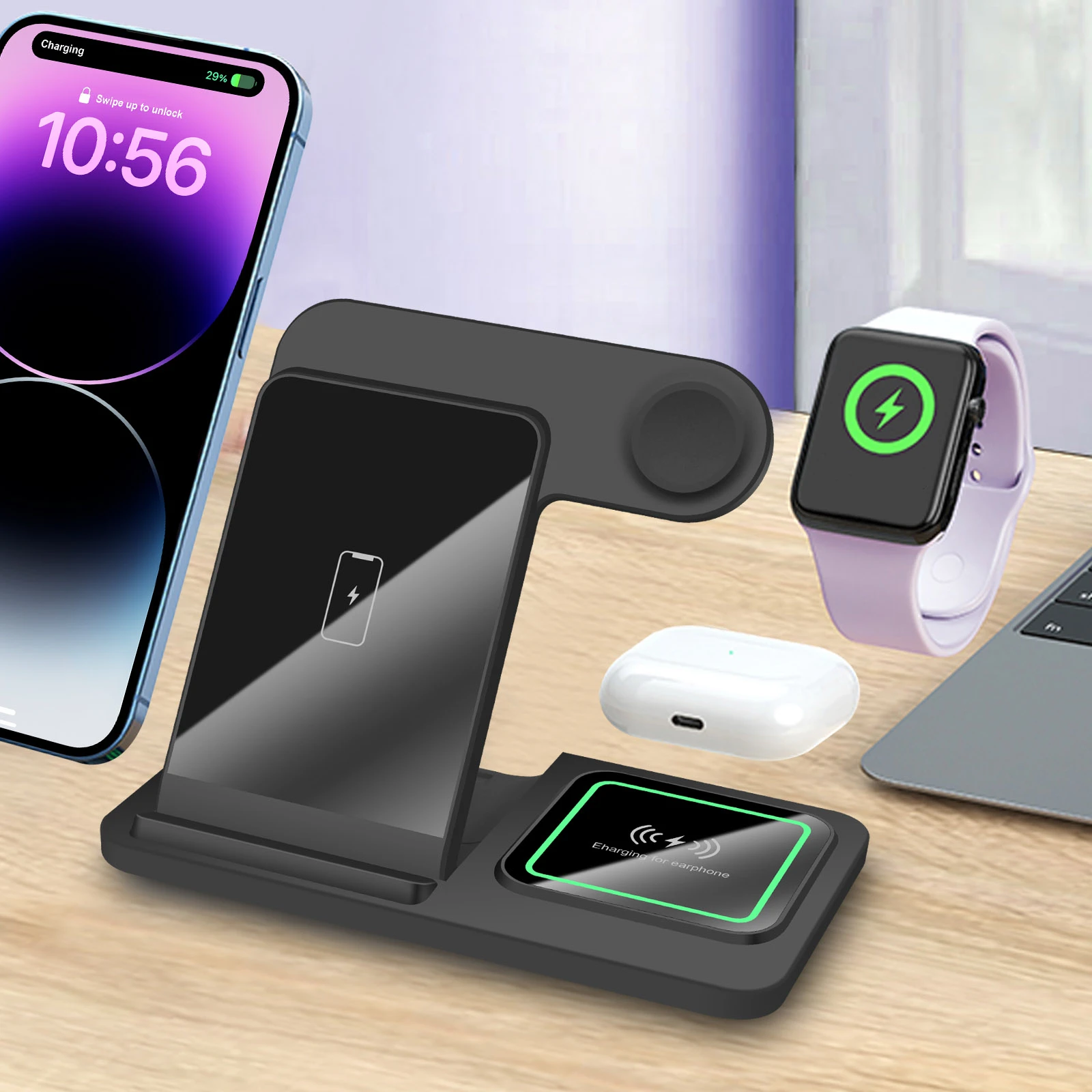 Foldable Wireless Charger Stand Dock 3 In 1 Fast Charging Station For Apple Watch 9 8 7 6 AirPods Pro iPhone 15 14 13 12 11 XR 8