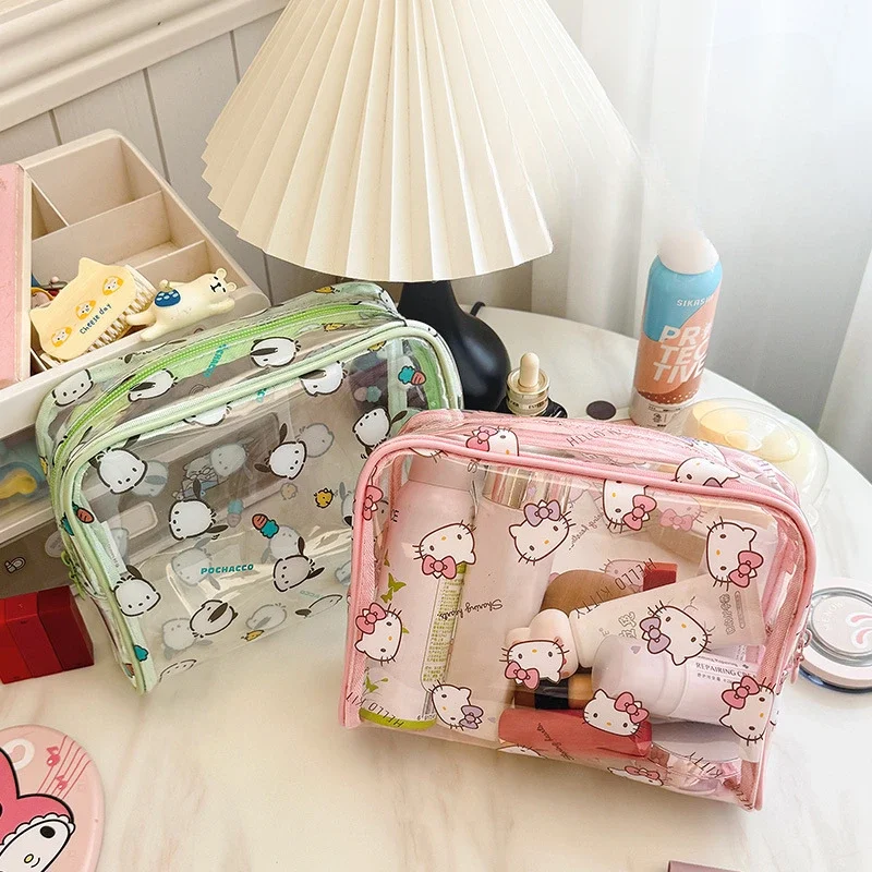 Sanrios Cartoon Transparent Cosmetic Bag Large Capacity Kuromi Hello Kitty My Melody Pochacco Girl Portable Travel Storage Pouch