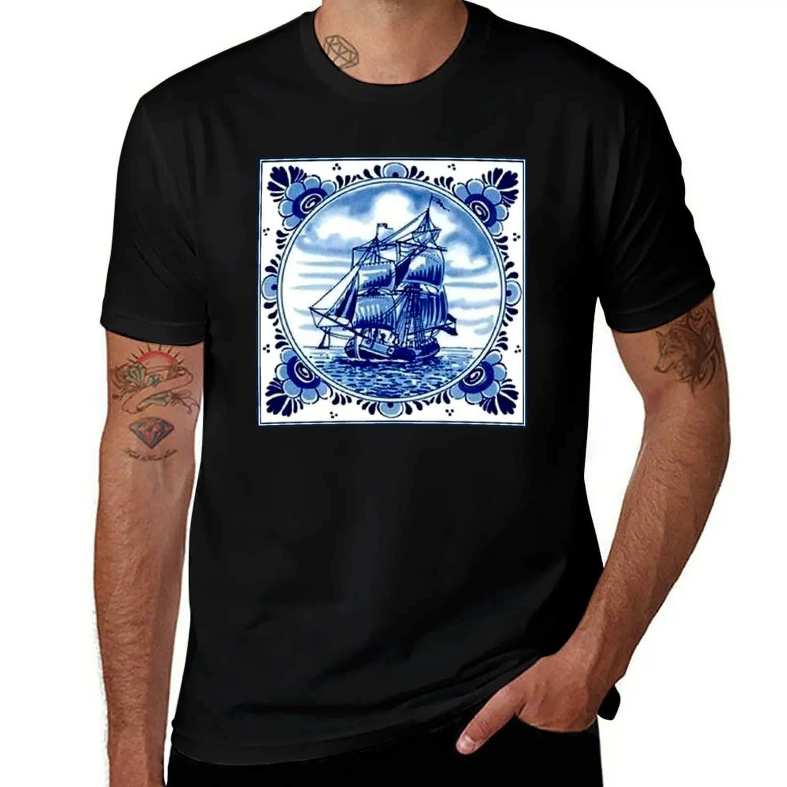 DUTCH BLUE DELFT : Vintage Sailboat and Tall Ship Print T-Shirt Simple Graphic Design T-Shirt