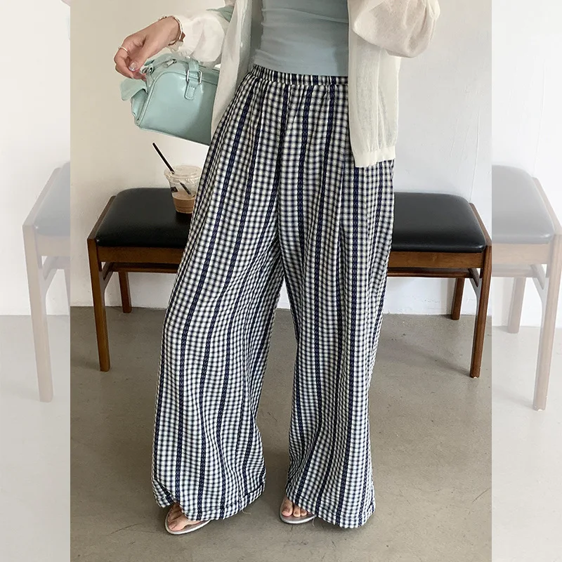 Pantaloni scozzesi Petite con design a righe in pizzo blu Donna 2025 Pantaloni lunghi dimagranti drappeggiati a vita alta nuovi estivi