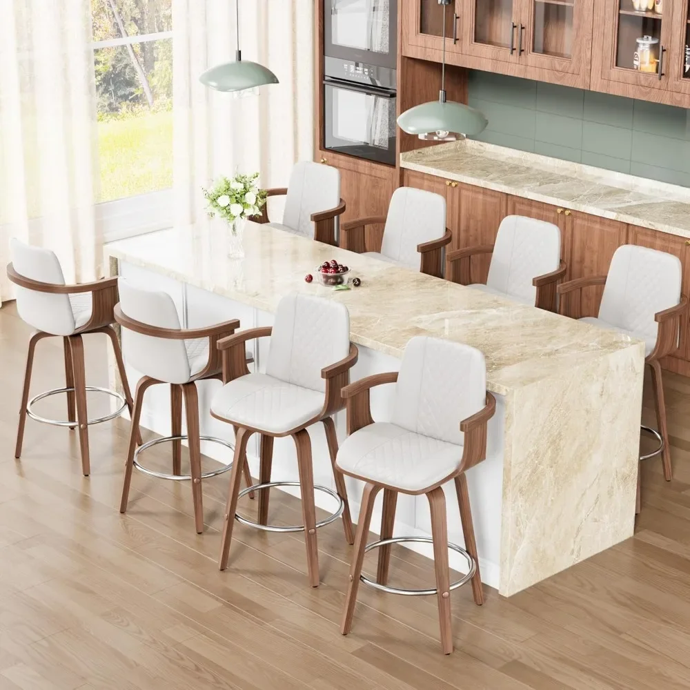 

Bar Stools Set of 8, 26" Bentwood Barstools with Wooden Arms, Mid Century Modern Counter Height Swivel Bar Chairs PU Leather