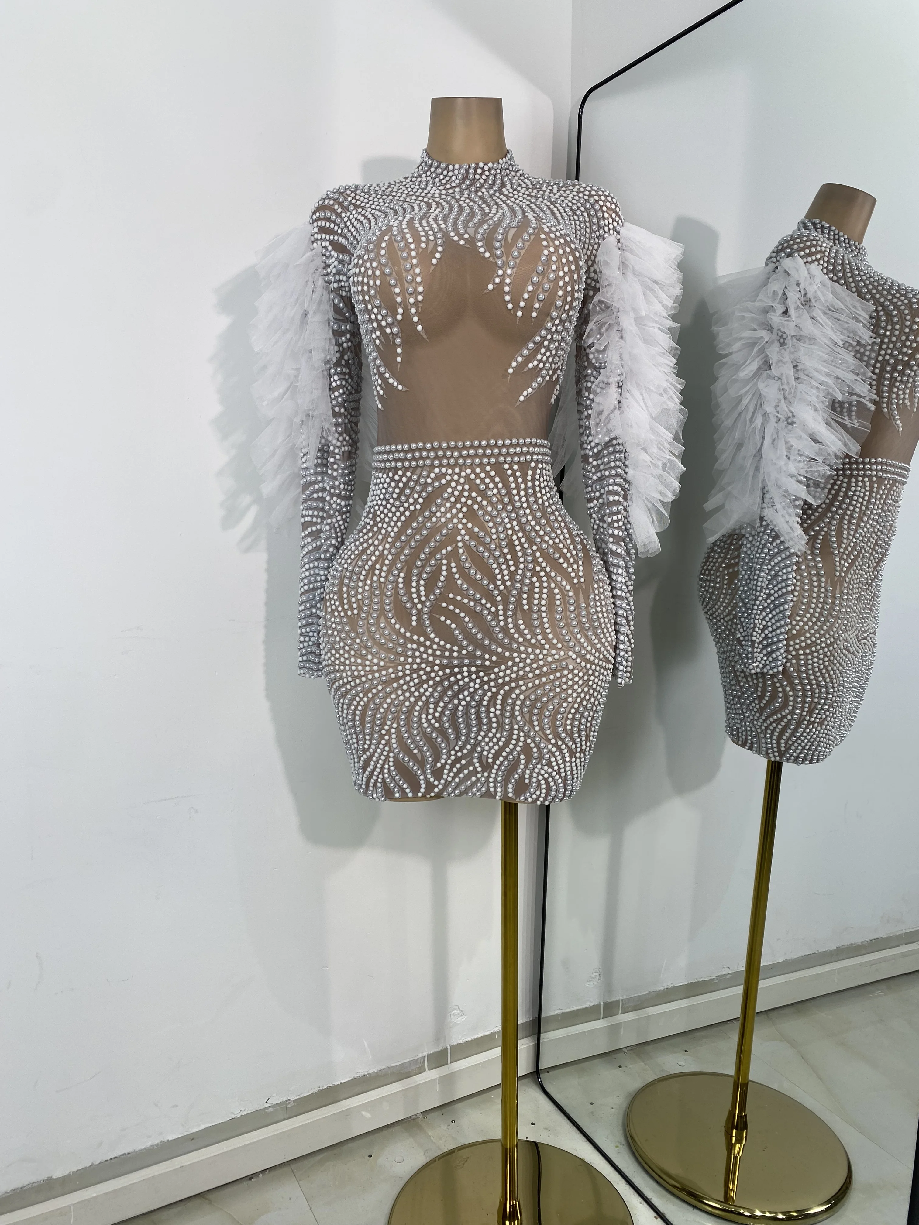 Luxury Beading White Mini Party Dress Design Women Sexy Long Sleeve Mesh  See Through Evening Prom Gowns Club Performance Wear - AliExpress 200000345