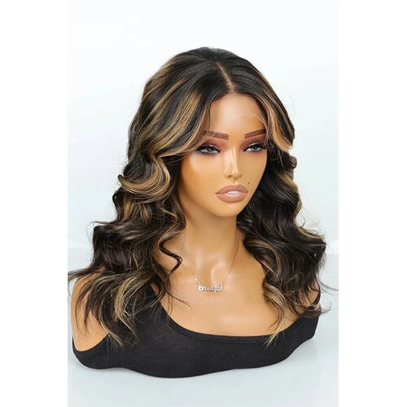 Long Black Mixed Brown Wavy Wigs T Part Lace 100%  Hair Wig Glueless