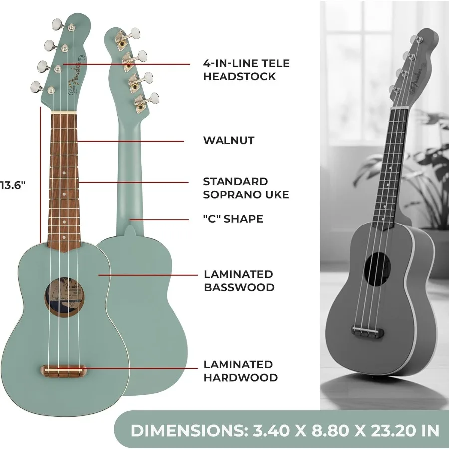 Ukelele soprano veneciano en gris sónico para entusiastas de la música y principiantes Diseño compacto con tono rico y jugabilidad suave I