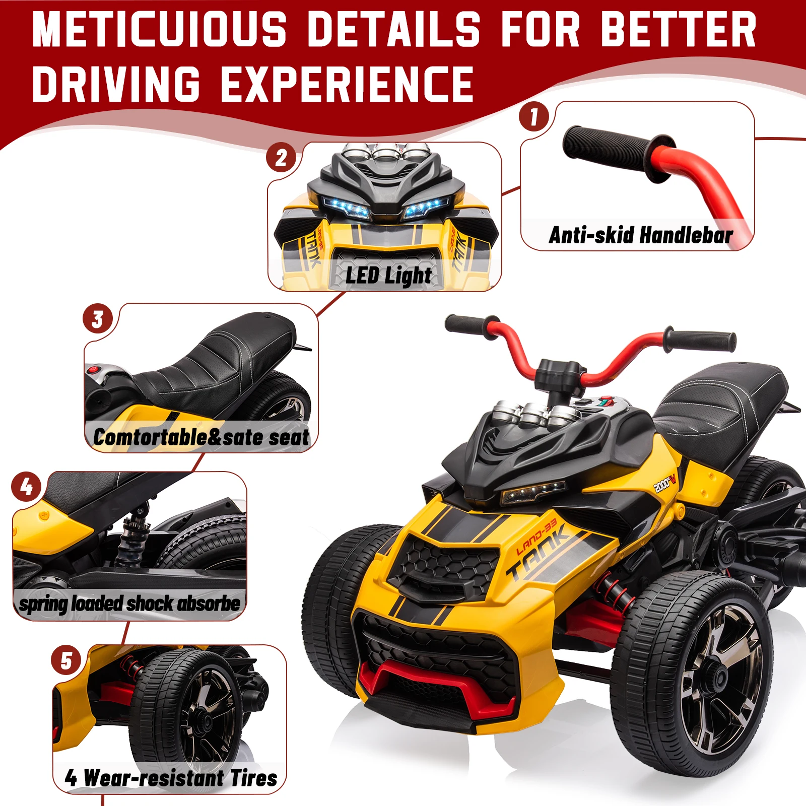 12V 3 Wheeler Ride On ATV Electric Motorcycle, Battery Powered Electric Vehicle w/Led Lights, High & Low Speed, Horn, Music, USB