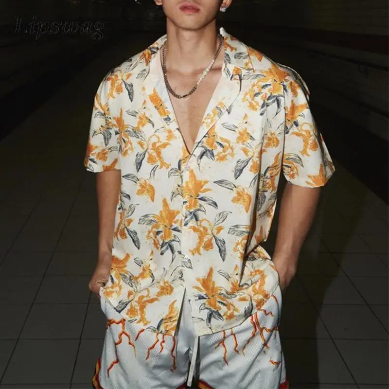 

Seaside Beach Casual Shirts For Mens Spring Summer Fashionable Florals Printing Shirt Short Sleeve Button Turn-down Collar Shirt