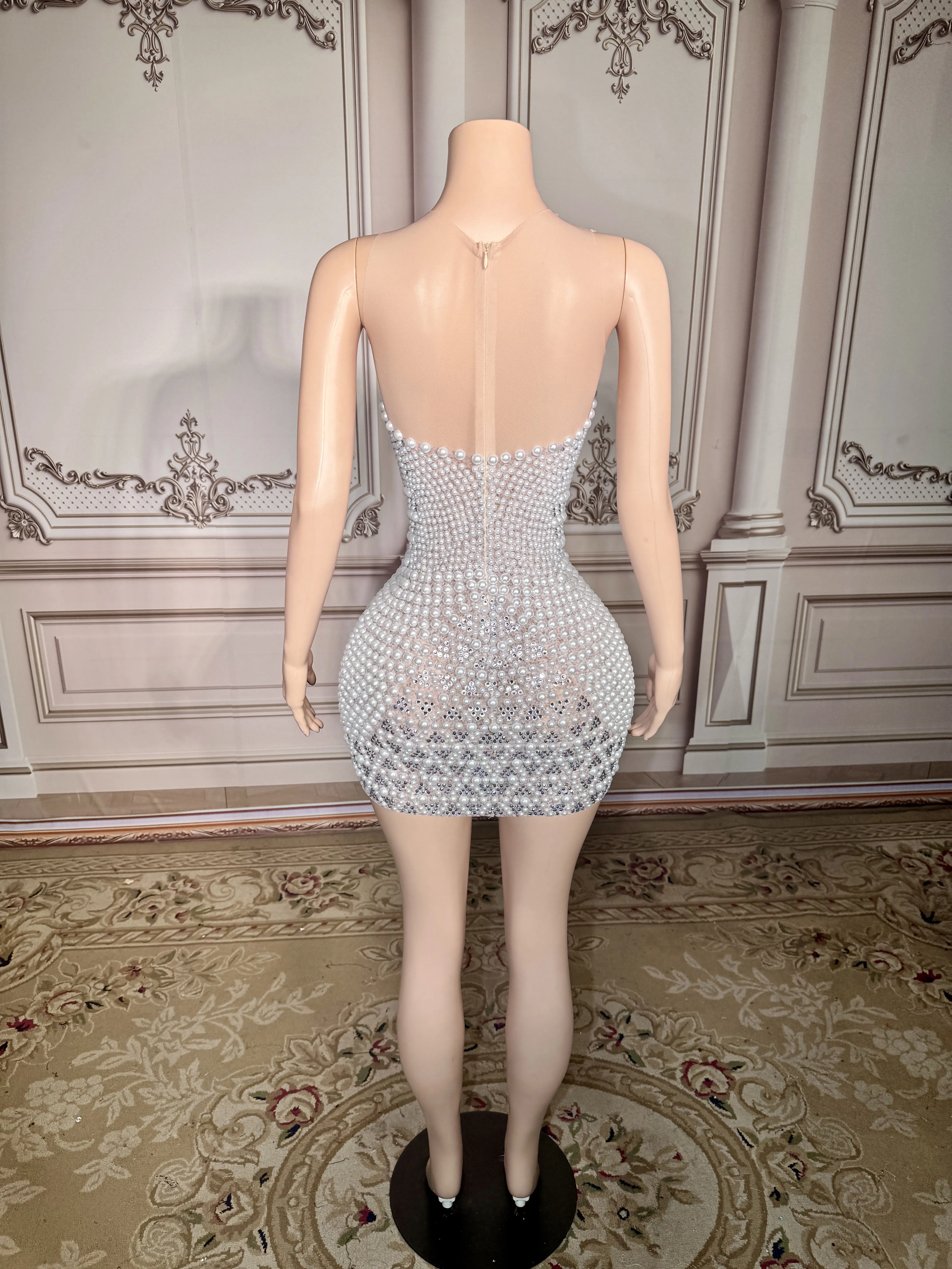 ZD New Mesh Dress Luxury Evening Celebrate Prom Birthday Party Transparent Rhinestones Short Singer Stage Wear