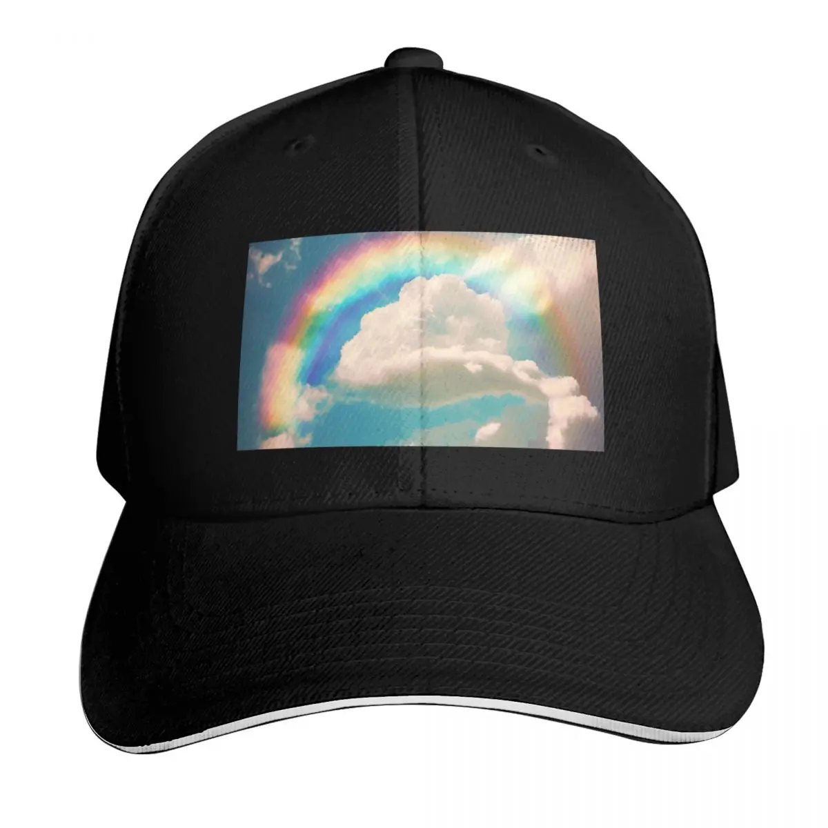 

Colorful Rainbow in a Blue Sky with Puffy Whilte Clouds as a Symbol of Hope and Fortune Baseball Cap