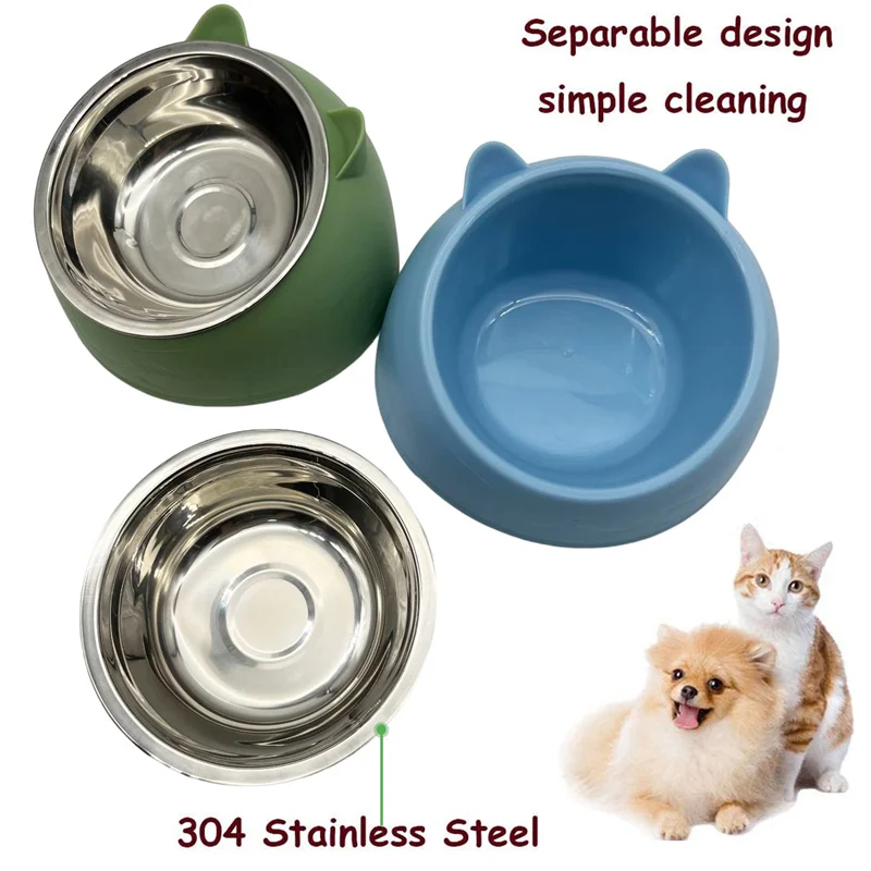 1pc Stainless Steel Cat Lovely Creative Inclined Kitten Puppy Food Feeding Bowls Cats Drinking Feeder Pet Dogs Cats Feeder