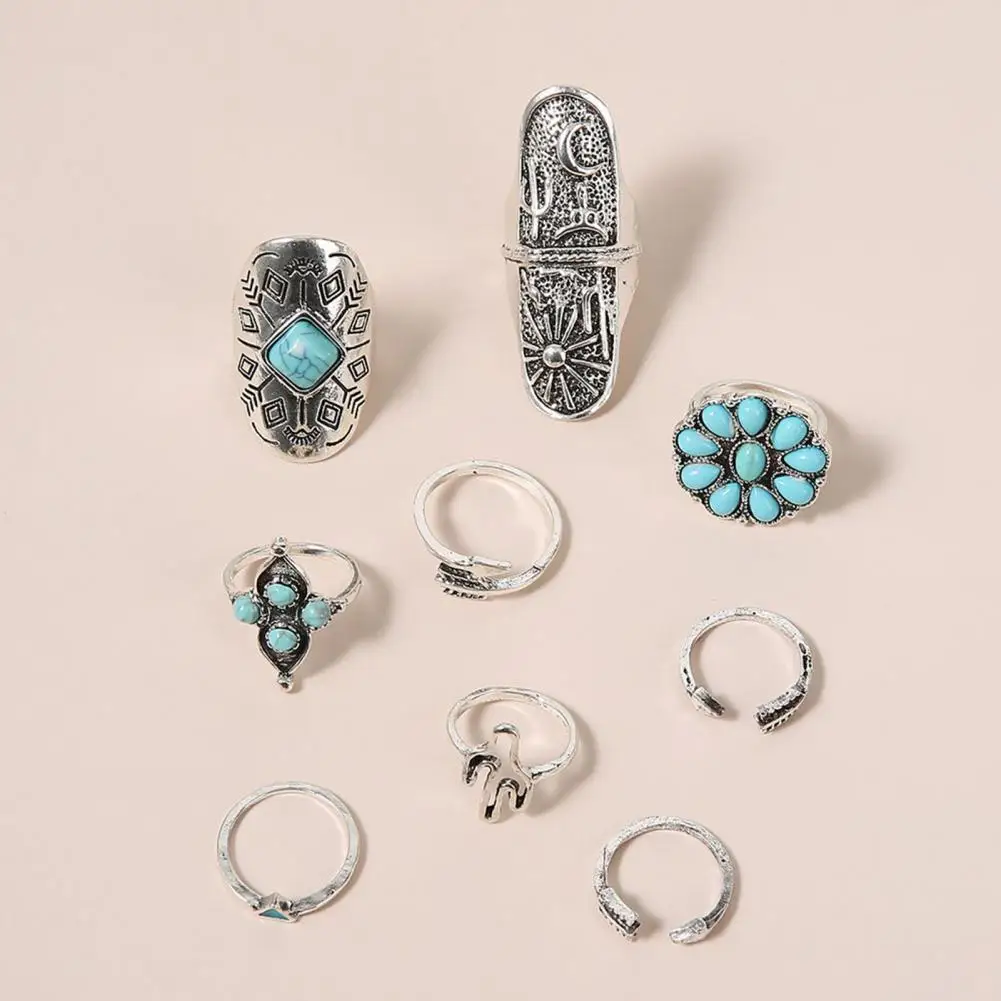 Alloy Ring Ring Jewelry Boho Chic Women's Ring Set with Flower Cactus Designs Faux Turquoise Stackable Knuckle Rings Ethnic