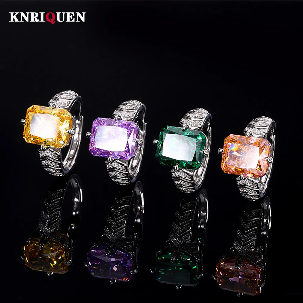Charms Iced Cut 10*12MM Amethyst Topaz Tourmaline Rings for Women Gemstone Lab Diamond Wedding Ring Cocktail Party Fine Jewelry