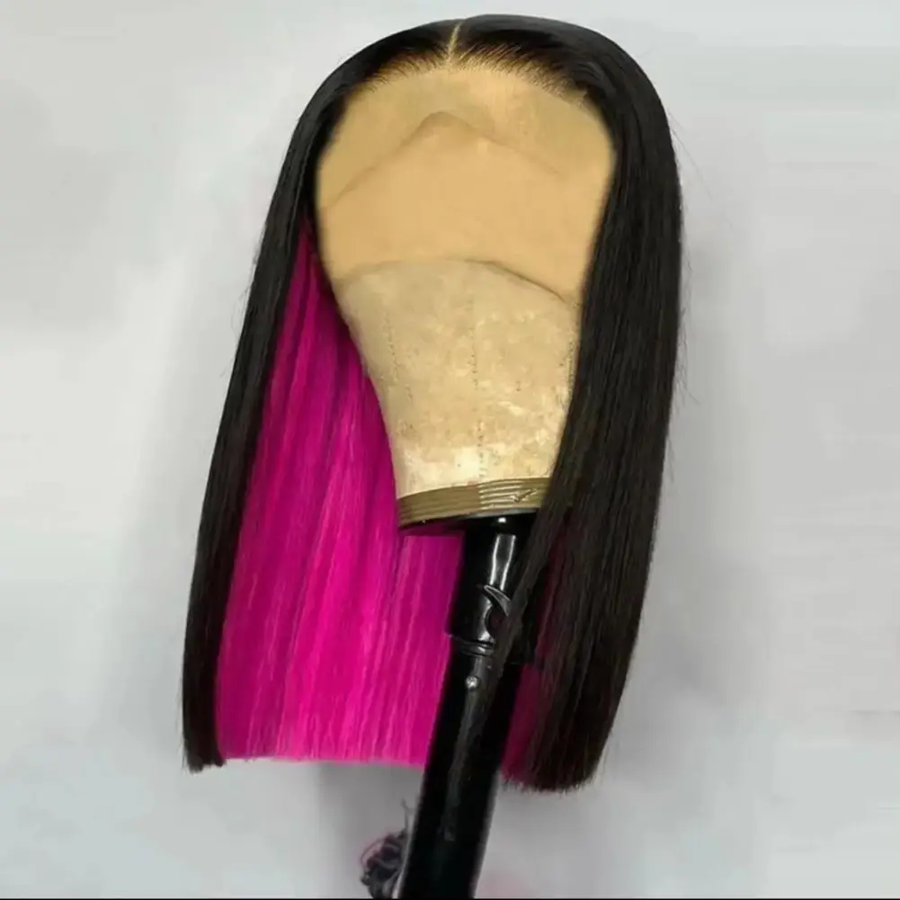 

Black And Pink Bob Straight Lace Front Wigs 13x4 HD Short Lace Wigs Pre Plucked Glueless Synthetic And Blend Lace Wigs Cosplay
