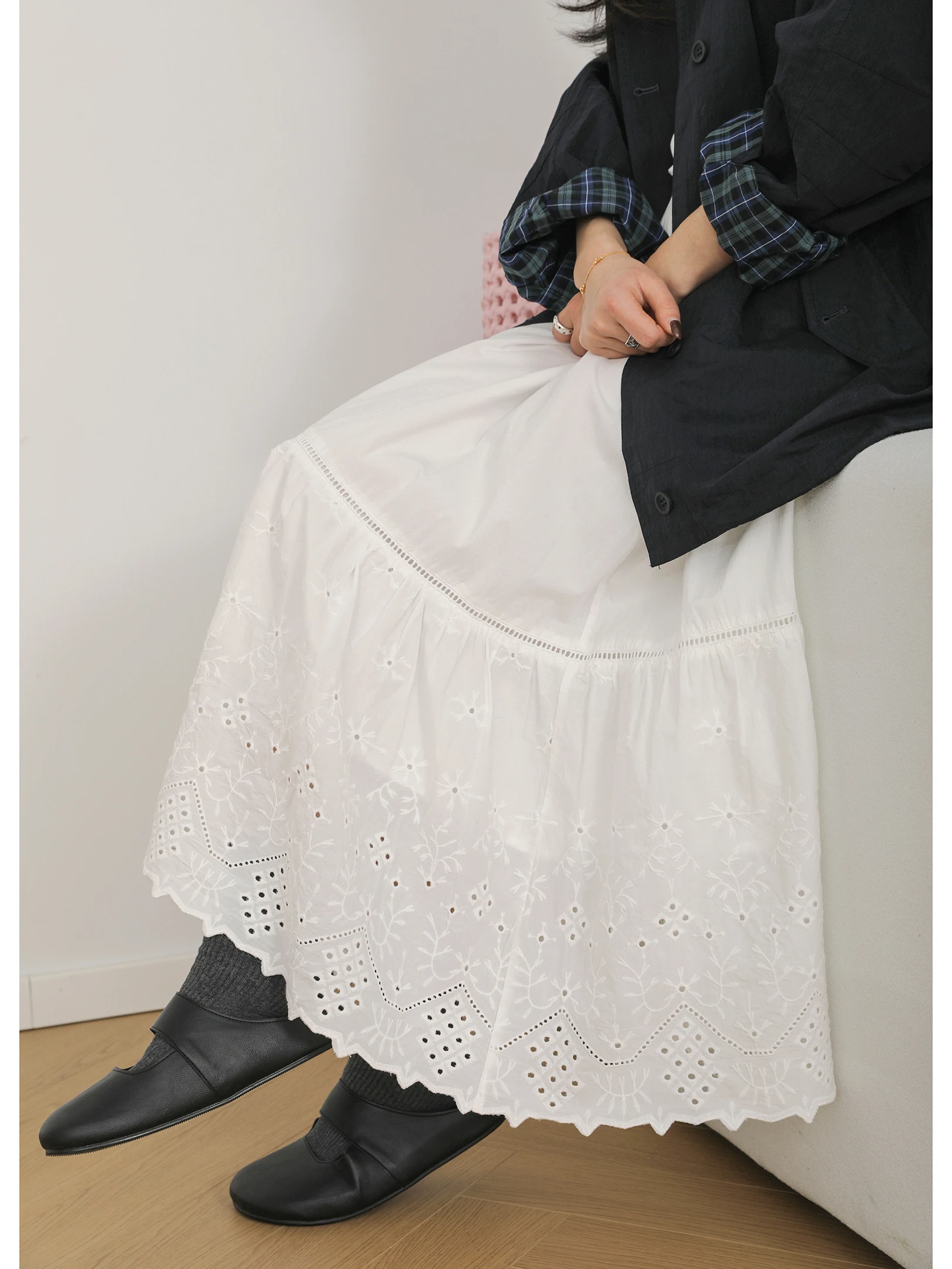 

Юбка из чистого хлопка с вышитым кружевным подолом, эластичной талией, новая коллекция 2026, в японском стиле, универсальная