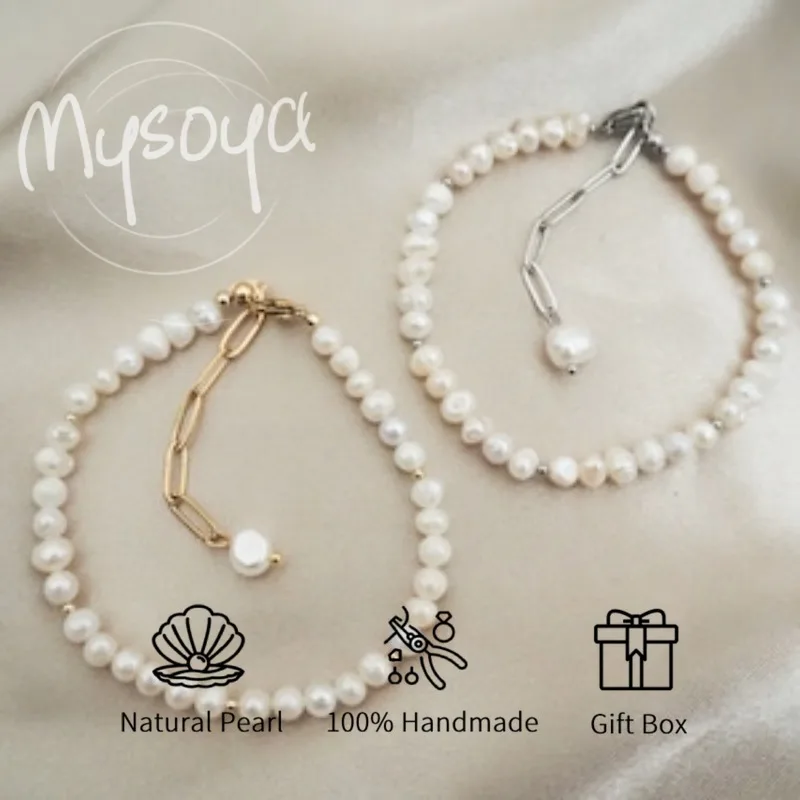 

MYSOYA браслет из белого пресноводного жемчуга 5-6 мм с подарочной коробкой для нее/его дня рождения/свадьбы/Рождества/Нового года/подарок на день Святого Валентина