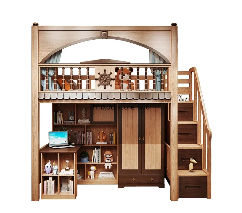 Children's room full solid wood bed under table multi-functional cabinet integrated children's bed