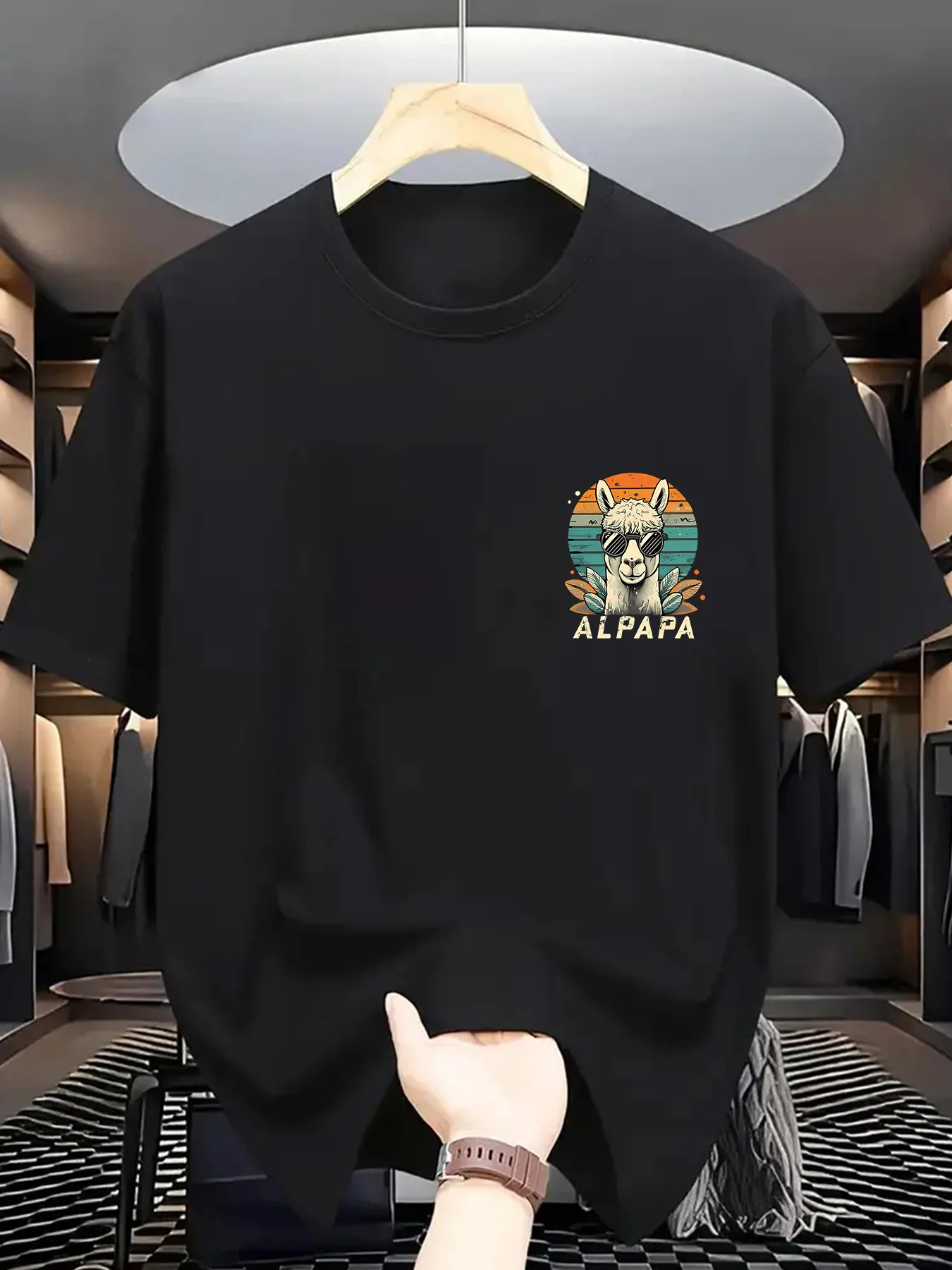 Alpapa Alpaca Mens Crew Neck T Shirt Chest Position Retro Sunset Cool Llama Graphic Short Sleeve Tee Casual Male Street Tops