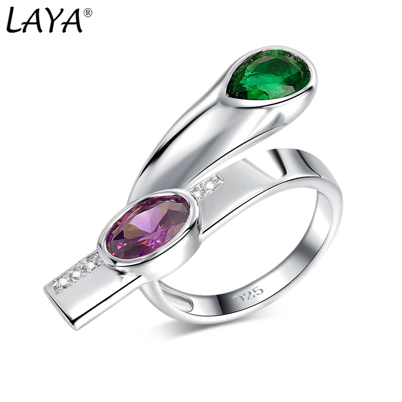 

LAYA 925 Sterling Silver Shining Zircon Synthetic Purple&Green Crystal Irregular Large Finger Ring For Men Women Fashion Jewelry
