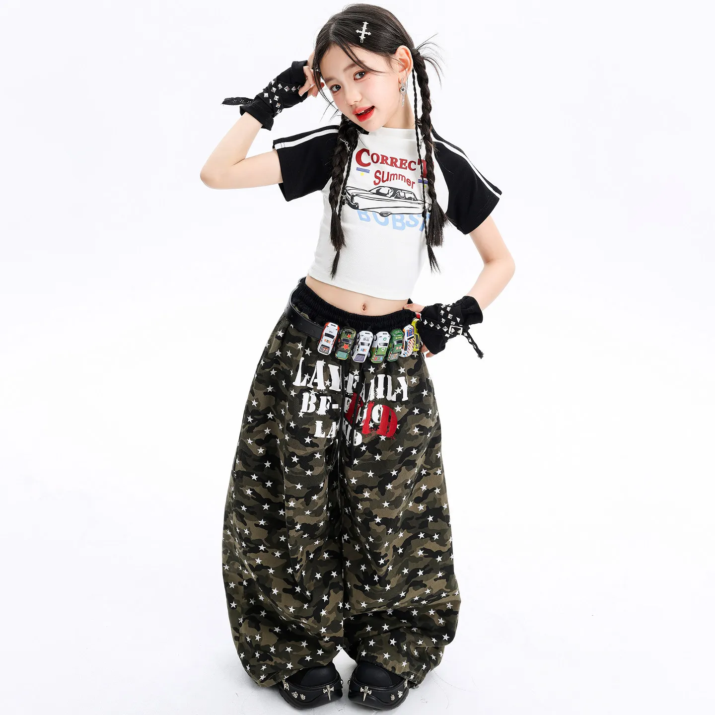 Girls Kpop Hip Hop Clothing White Blue Elastic Hem Crop T Shirt Camo Stars Print Wide Pants for Kid Street Dance Costume Clothes