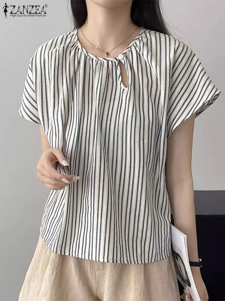 ZANZEA Korean Designer Women Blouse 2024 Summer Stripe Hollow Out Tops Casual Loose Short Sleeve Blusas Fashion Round Neck Tunic