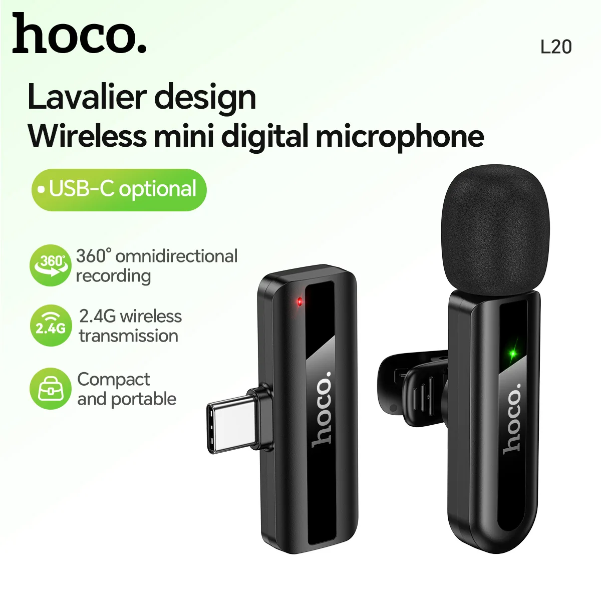 

HOCO L21 Wireless Lavalier Recording Microphone Type-C Mini MIC for Mobile Phone/Tablet/Laptop,Live Streams/Vlog/Interview-