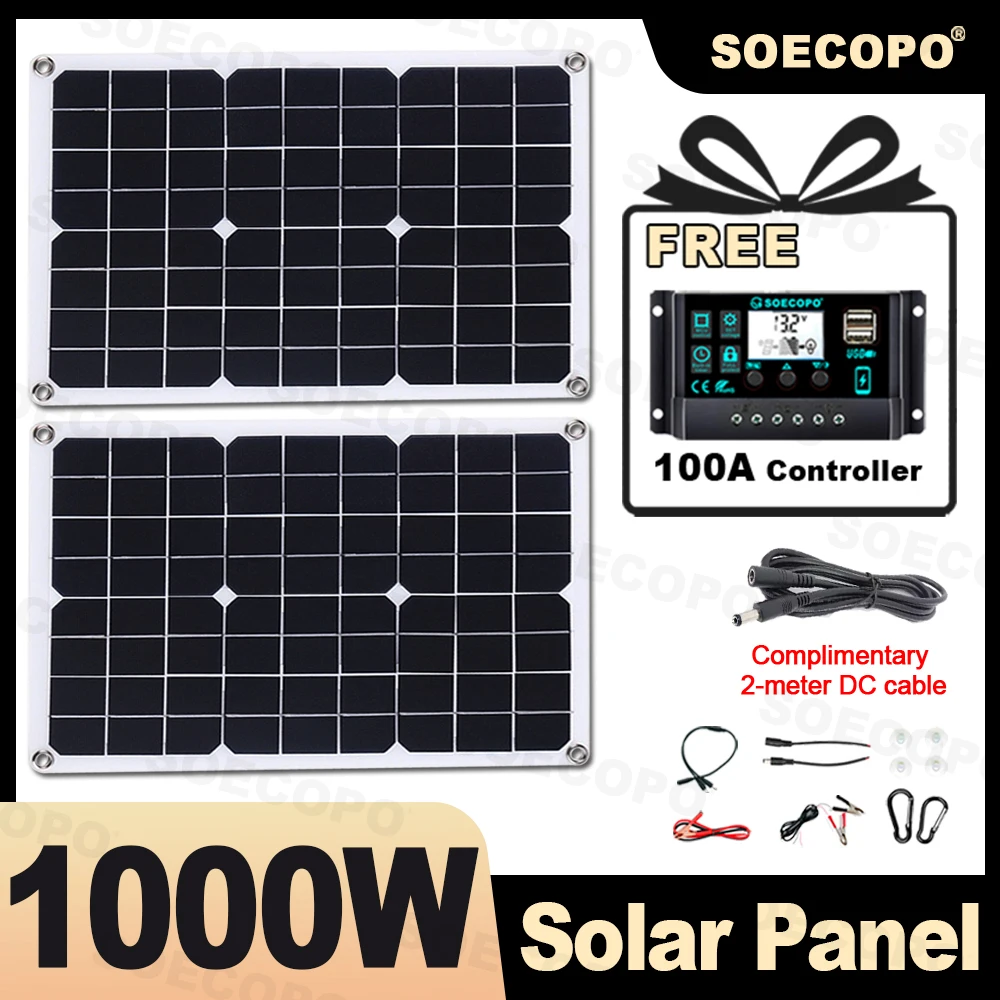 

SOECOPO 1000W Portable Solar Panel Kit - 2*18V Photovoltaic Panels for Camping. Includes Free 100A Controller & USB 5V Charging.