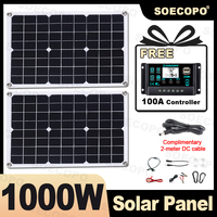 SOECOPO 1000W Portable Solar Panel Kit - 2*18V Photovoltaic Panels for Camping. Includes Free 100A Controller & USB 5V Charging.