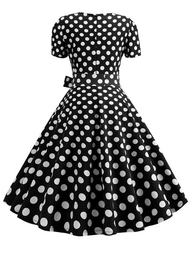 Women Vintage Dress Summer 50s 60s Retro Swing Rockabilly Vestidos Elegant Black Polka Dot Office Party Dress
