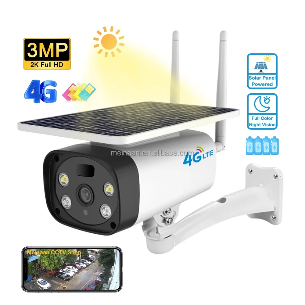 Color Night Vision 3MP Wireless 4G LTE Solar Panel Power Surveillance IP Camera 4G Sim Card CCTV Outdoor Security Solar Camera