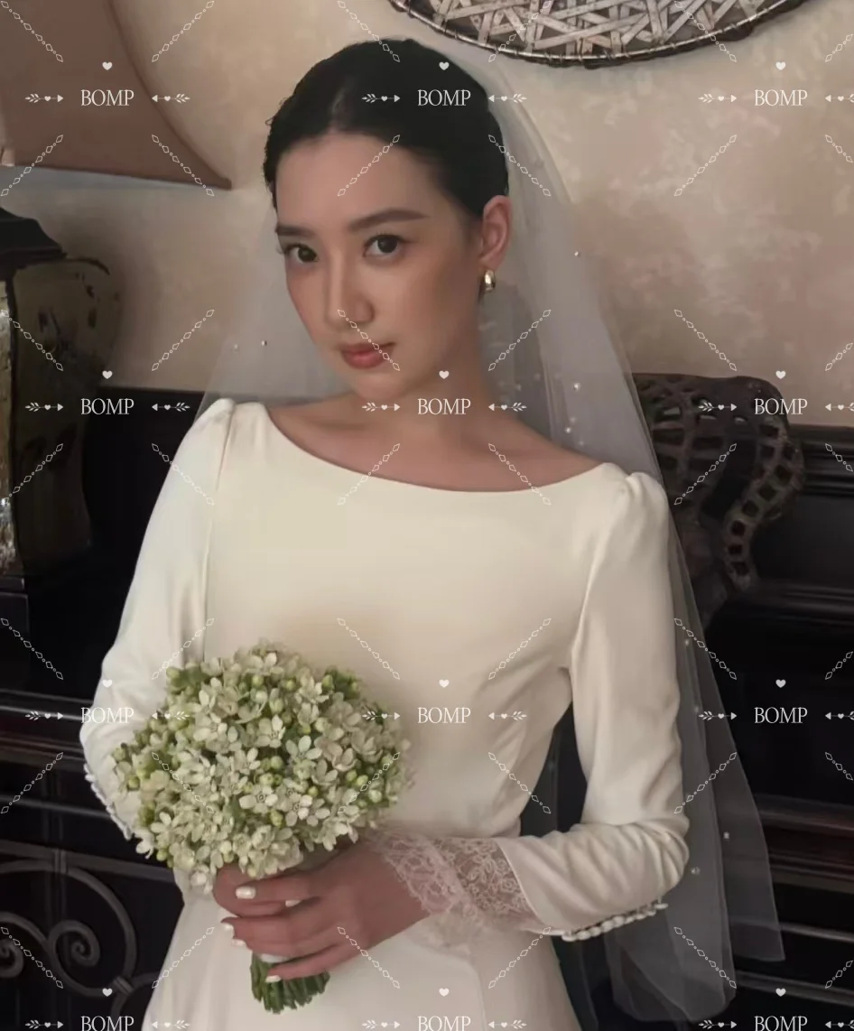 BOMP Vintage corée robe de mariée manches longues balayage Train ivoire Satin séance Photo robe de réception de mariée personnalisé ...........