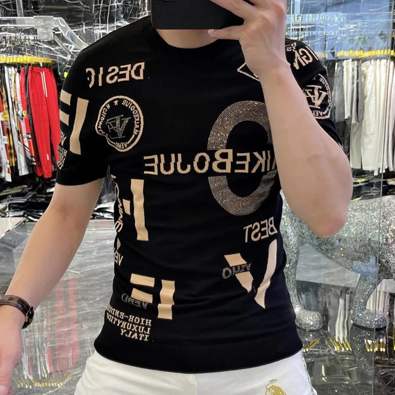 Men O-Neck Rhinestone Tee Hot Drill Alphabet Pattern High Elasticity Knit TShirt Homme Streetwear Fashion Summer Casual Knitted