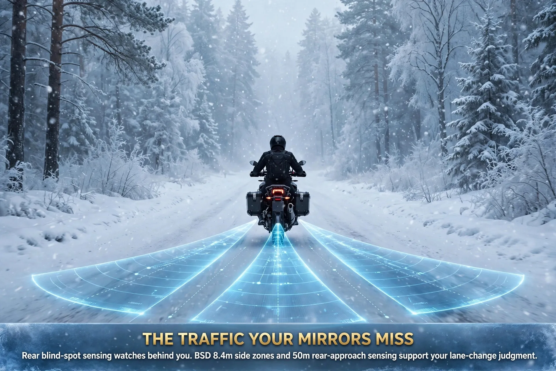77GHz Motorcycle Blind Spot Radar – Frostbite Series, Dual Amber LED Mirror Indicators, BSD 8.4m / LCA 50m, IP67, 9–24V DC