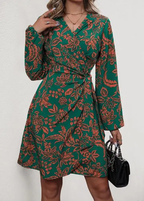

2025 Autumn New Dress Women's Casual Wrap Hip Printed Dresses Temperament Commuting Female Lace Up Fashion A-Line Dresses
