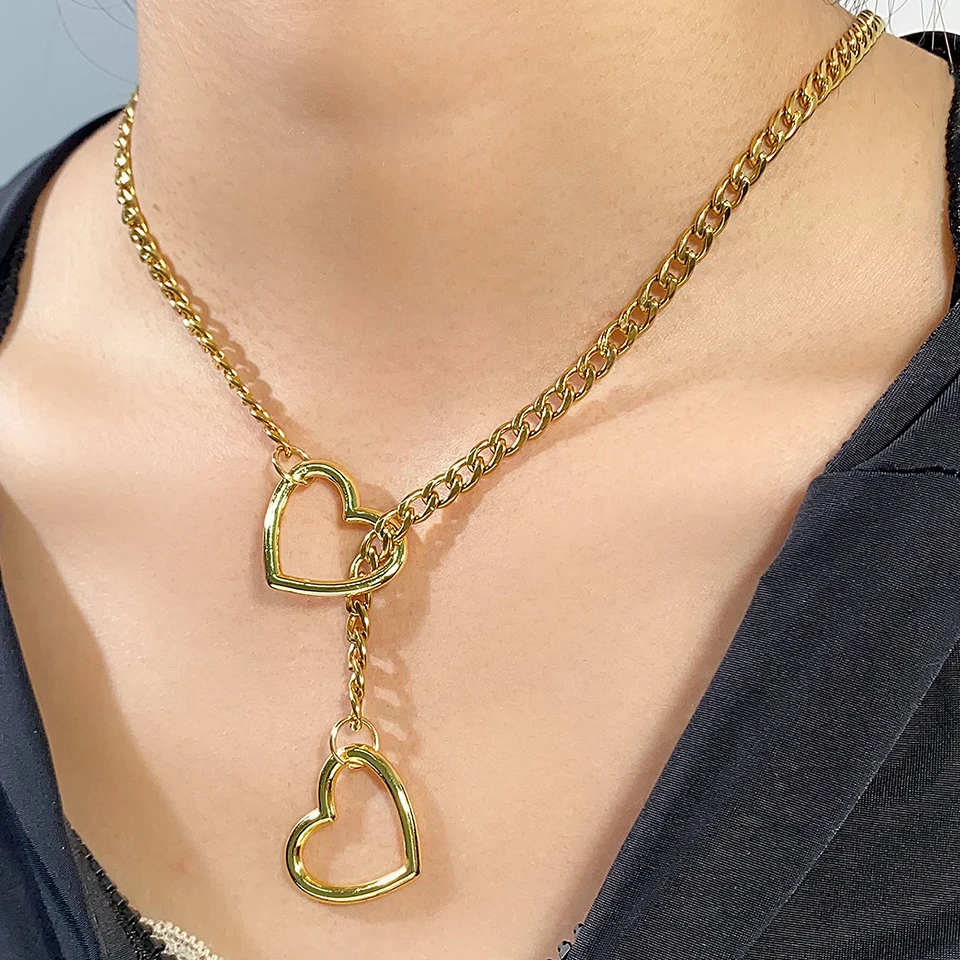 UILZ 2024 New Heart Slip Chain For Women Punk Rock Necklace Stainless Steel Cuban Long Necklace Jewelry Adjustable Neck Chain