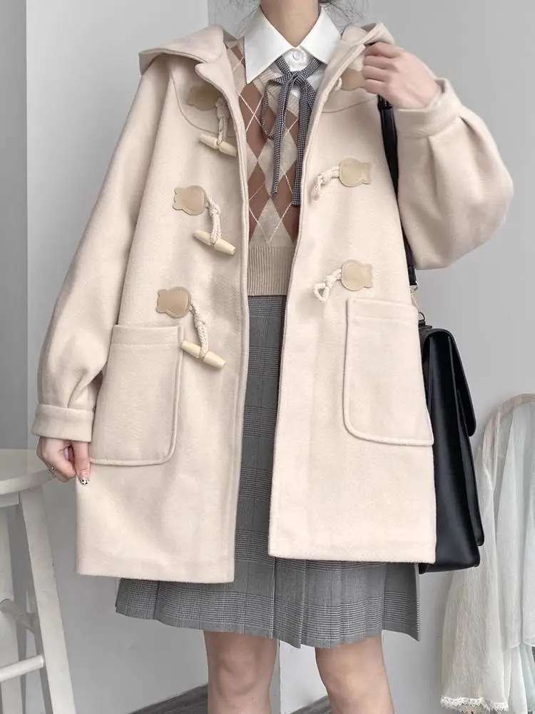 2025 Winter Thicked Warm Jackets Japanese Subcultural Woolen Coat Women's Hooded Y2k Mid-length Loose Top for Women Trench
