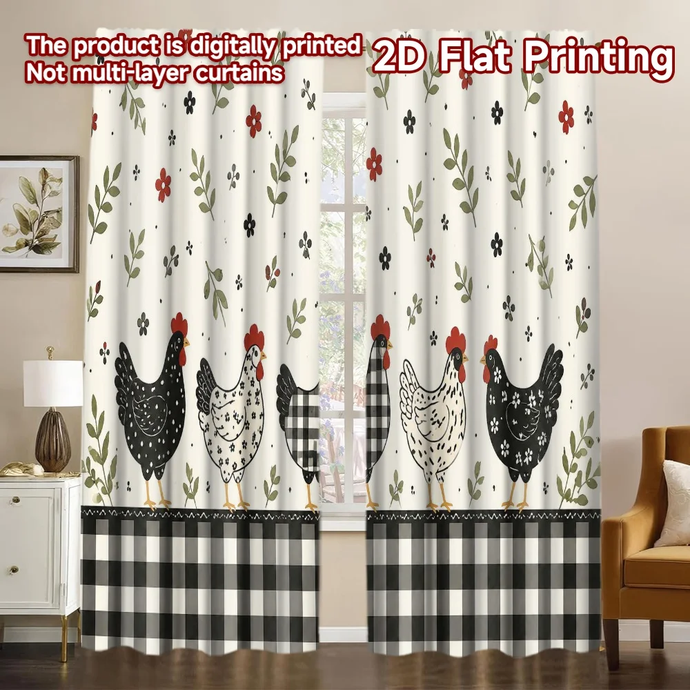 2D FLAT PRINTING 2pcs Curtains (Without Rod) Farmhouse Chicken Parade Popular Window Curtain Semi-Sheer Curtains Easter Eggs