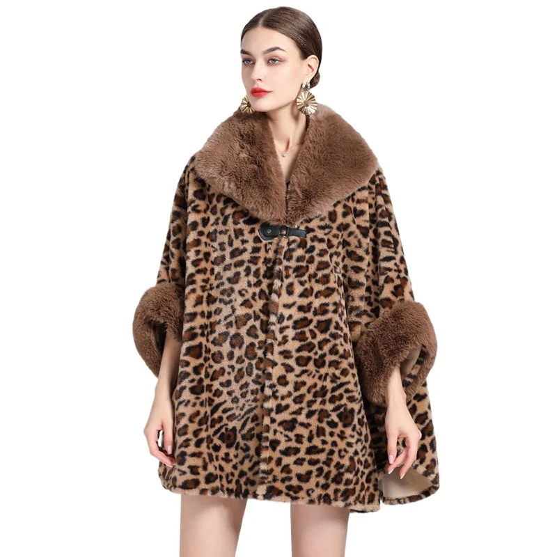 

Elegant Casual Faux Fur Neck Cloak Thicken Warm Loose Overcoat Winter Warm Streetwear Long Leopard Poncho Coat