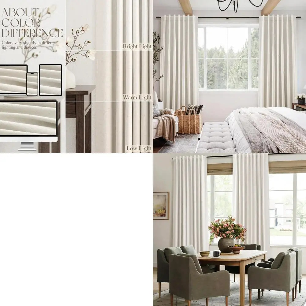 

90 льняных затемняющих штор — упаковка из 2 штук для дома, кремового натурального цвета, 100% светоблокировка, теплоизоляция, дизайн задней панели, бежевый