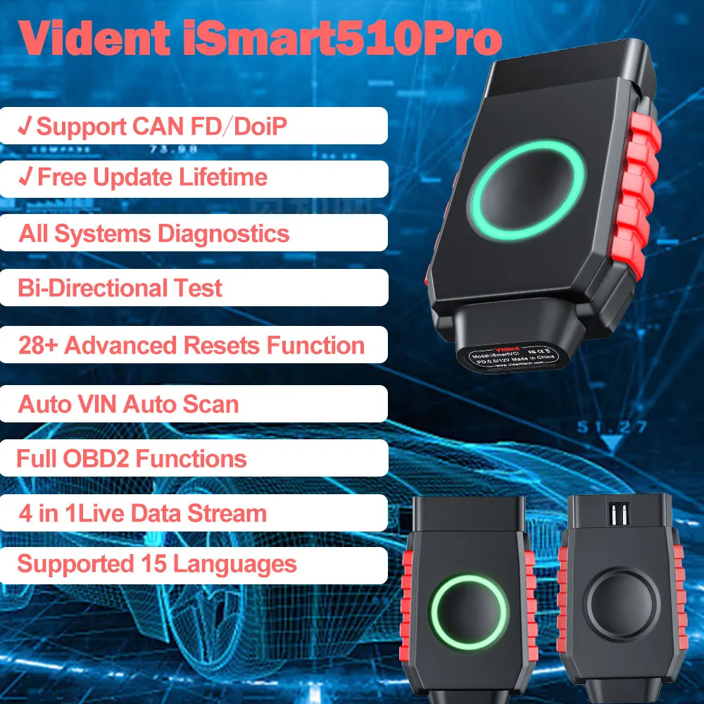 2024 Vident iSmartDiag510Pro Scanner BT Car Diagnostic Tool Full OBD2 Active Test 28+ Resets With CAN FD & DIOP Free Update