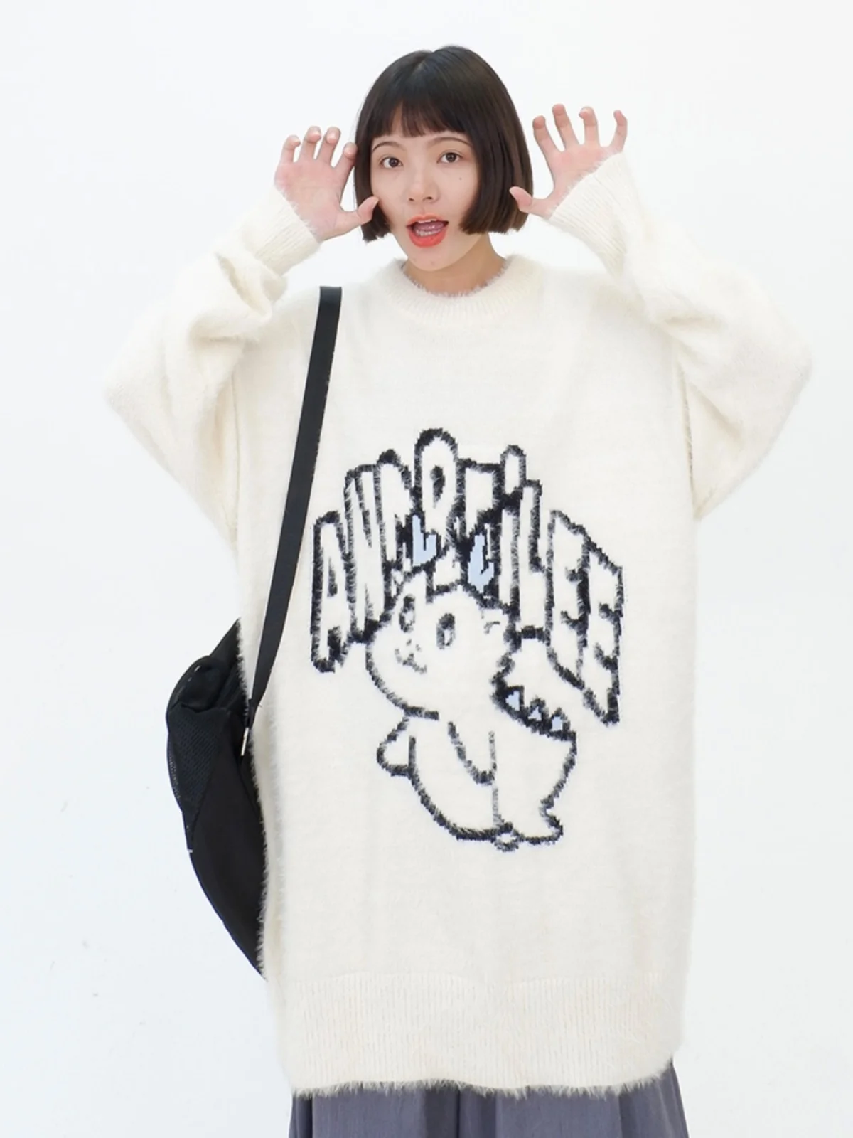 Mink Hair Cartoon Dinosaur Round Neck Sweater for Women's 2023 Autumn/Winter New Loose BF Lazy Style Knitwear