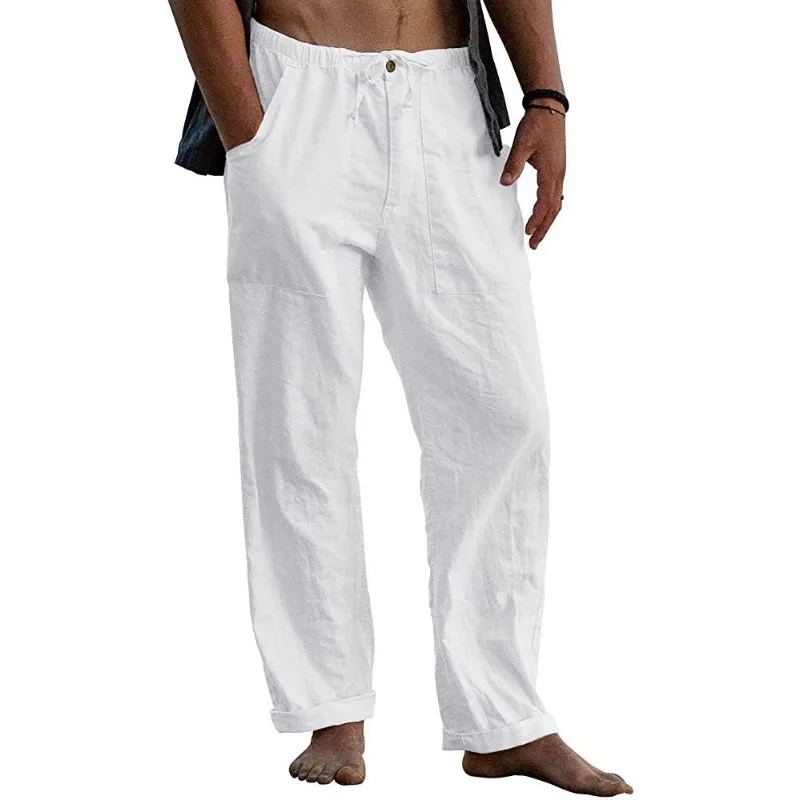 2025 Men's Linen Beach Pants - Elastic Drawstring Waist Casual Deep  Pockets Lightweight Beach Casual Trousers (Summer)