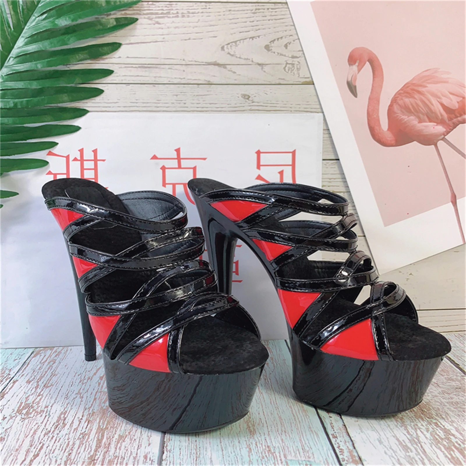 ​Bold Night Out Heels 15CM, Black Cut-Out Platform Mules with Red Accent, Dominant Party Statement Shoes​