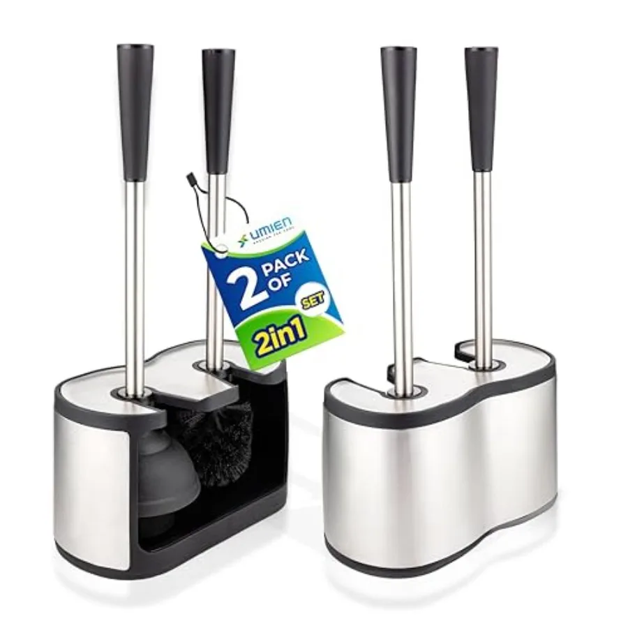 

Toilet Brush and Plunger Set 8-in - Updated 05 No-Rust - Stainless Steel Design - Long Handles - with Freestanding Canister