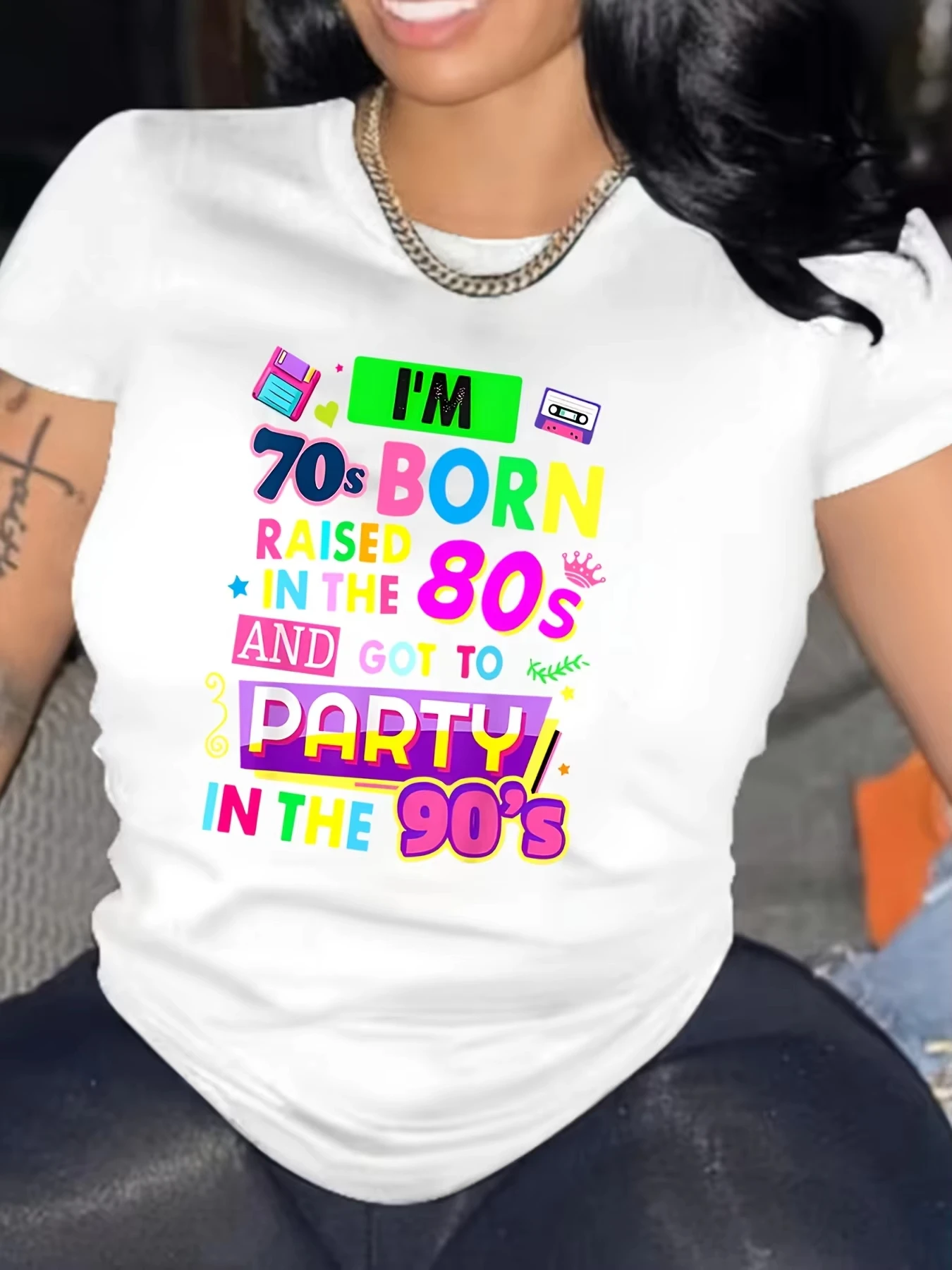 Unisex T‑shirt 70s Born 80s Raised 90s Party Retro Graphic Tee Crew Neck Short Sleeve Nostalgic Quote Print Casual Top