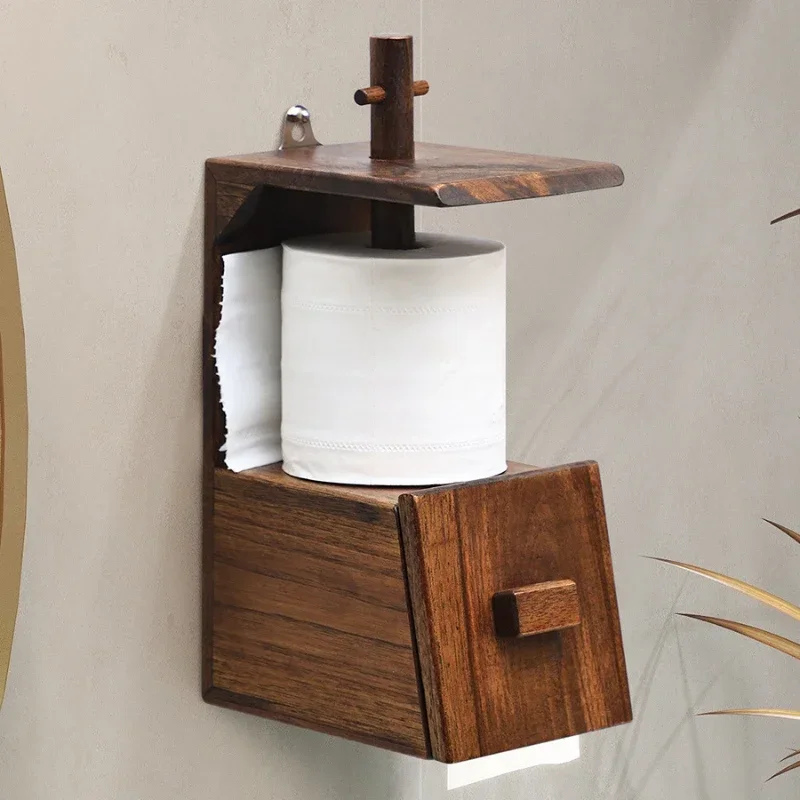 Solid Wood Vintage Towel Holder Restroom Creative Wall-Mounted Roll Holder Wooden Toilet Paper Box Kitchen Napkin Storage Case